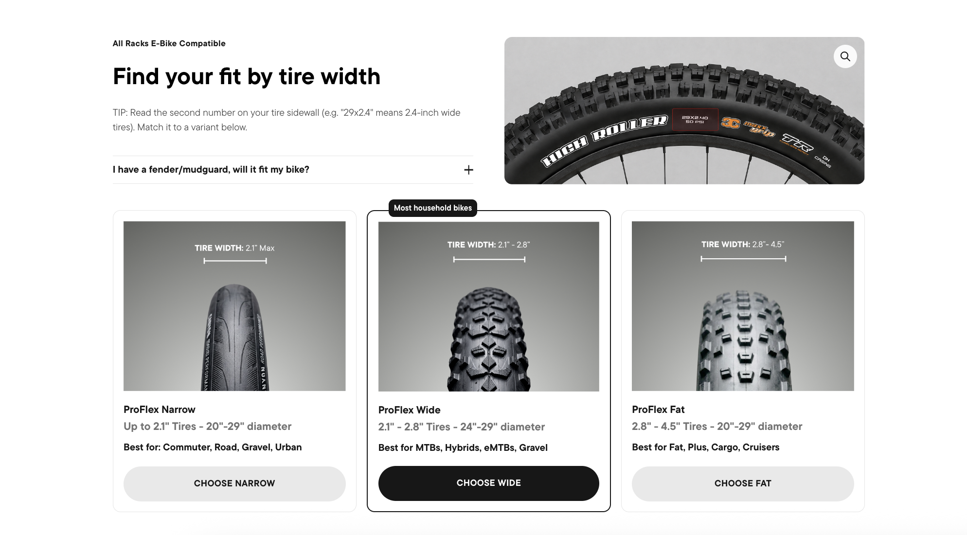 Product page fit finder showing three tire-width variant cards — Narrow, Wide and Fat — each with a width range, diameter fit and recommended use case